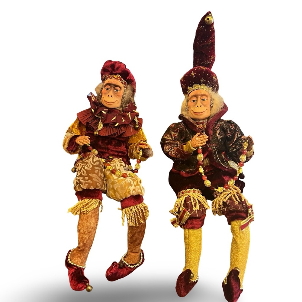 Katherine's Collection Burgundy and Gold Jester Monkey Pair